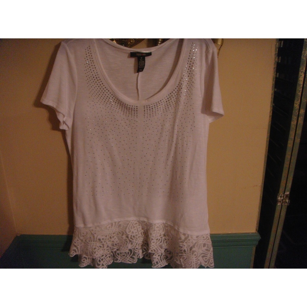 Style & co womens M‎ white bling shirt top rhinestone lace accent NWT